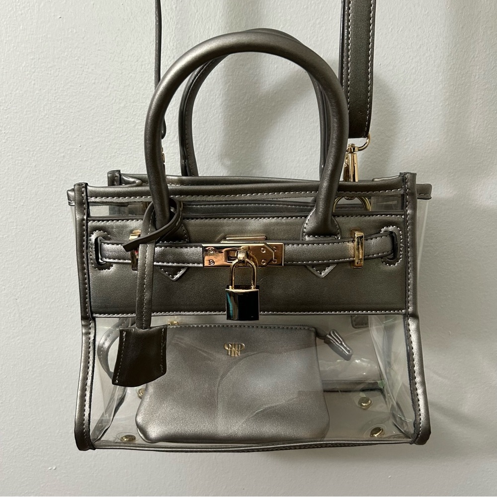 PurseN Chic Transparent Stadium Bag. Pewter with Gold Accents.